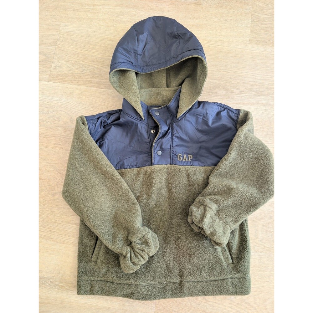 GAP Kids Polar Fleece hoodie, quarter snap pullover - Army green + Navy blue